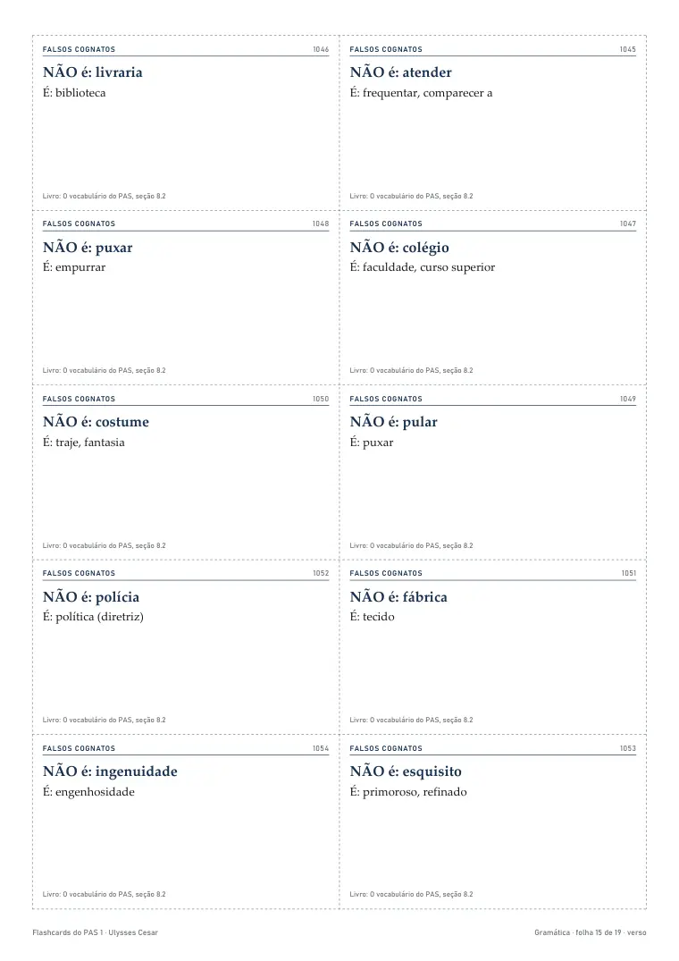 Cartões de gramática sobre falsos cognatos
