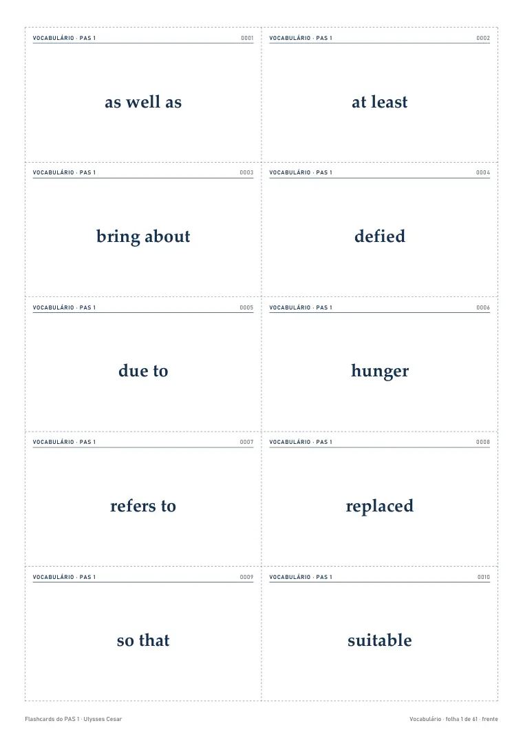 Frente de cartões de vocabulário