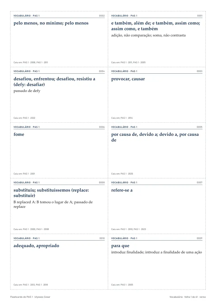 Verso de cartões de vocabulário