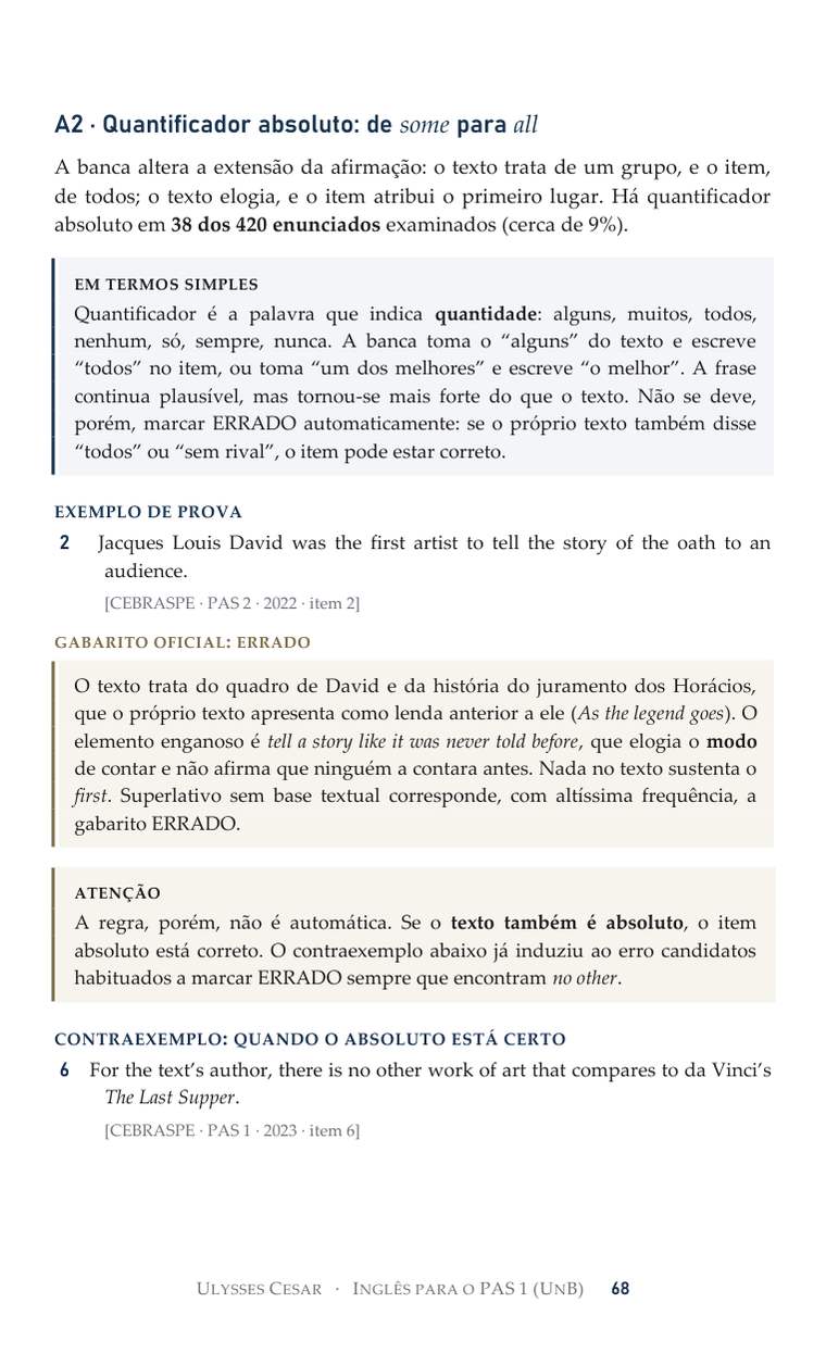 Página do capítulo das doze armadilhas da banca. Título: A2, quantificador absoluto, de some para all. Traz a explicação em termos simples, um exemplo de prova (item 2, de 2022) com o gabarito oficial ERRADO e a justificativa, um aviso de que a regra não é automática e o começo de um contraexemplo, o item 6 de 2023.