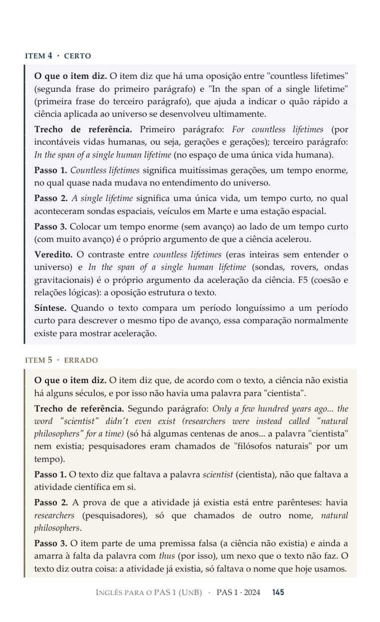 Página de prova comentada do volume do PAS 1, prova de 2024. A parte de cima traz a ficha completa do item 4, com gabarito CERTO: o que o item diz, o trecho de referência com tradução, os passos 1 a 3, o veredito e a síntese. Abaixo começa a ficha do item 5, com gabarito ERRADO.