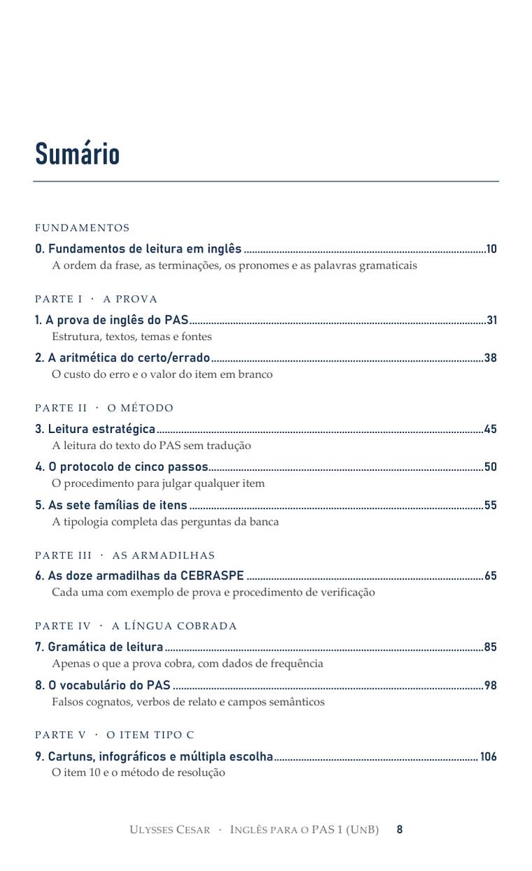 Página do sumário do volume do PAS 1. Lista os capítulos de 0 a 9 em seis grupos: fundamentos, a prova, o método, as armadilhas, a língua cobrada e o item tipo C. Cada capítulo traz uma linha dizendo o que ensina e o número da página.