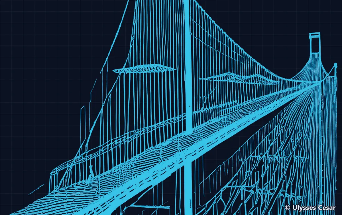 Desenho técnico em linhas ciano sobre fundo azul-marinho: ponte pênsil vista em perspectiva, com torres, cabos de suspensão e tabuleiro.