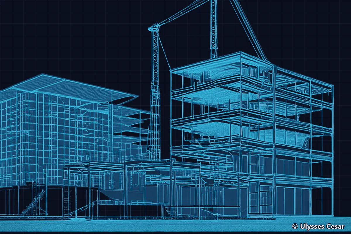 Desenho técnico em linhas ciano sobre fundo azul-marinho: estrutura de concreto de vários pavimentos em construção, com uma grua ao lado.