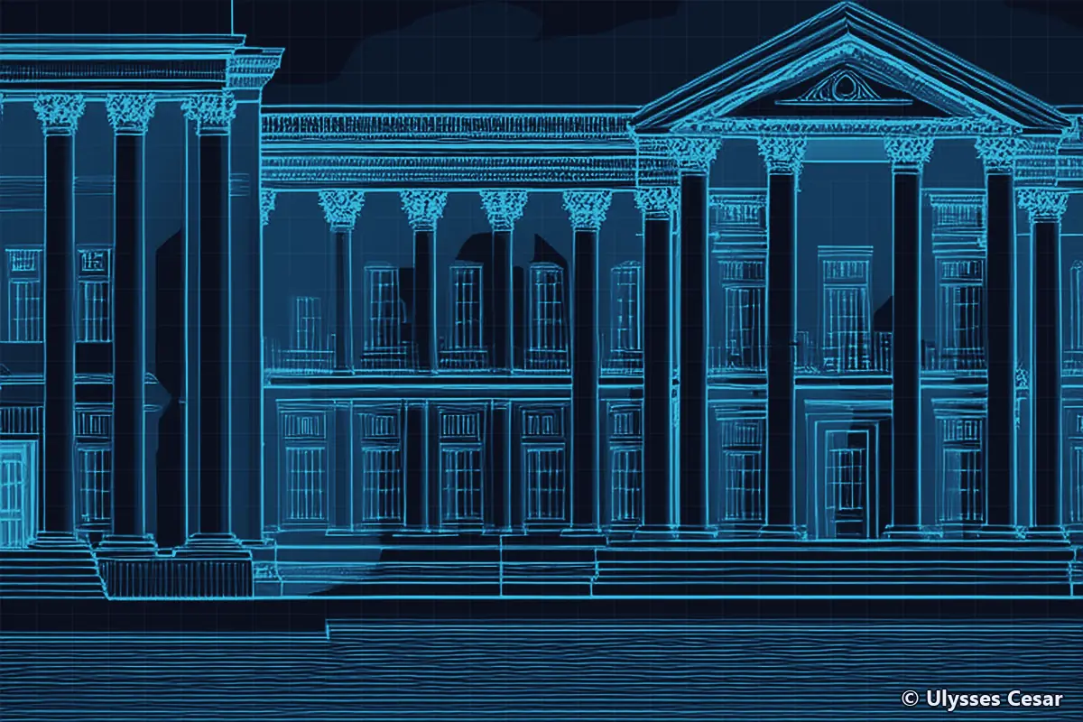Desenho em linhas ciano sobre fundo azul-marinho: fachada institucional neoclássica com colunas, frontão e escadaria.