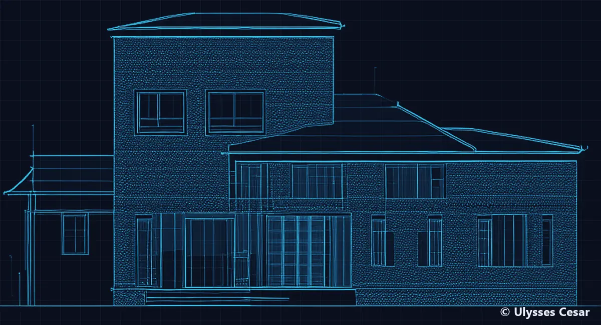 Desenho em linhas ciano sobre fundo azul-marinho: elevação frontal de uma edificação de dois pavimentos, com janelas, portas e telhados.