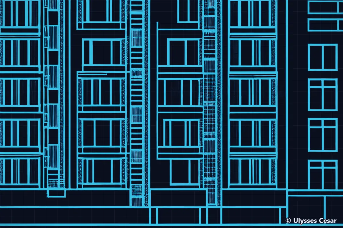 Desenho técnico em linhas ciano sobre fundo azul-marinho: fachada de edifício residencial com janelas, varandas e uma escada externa.