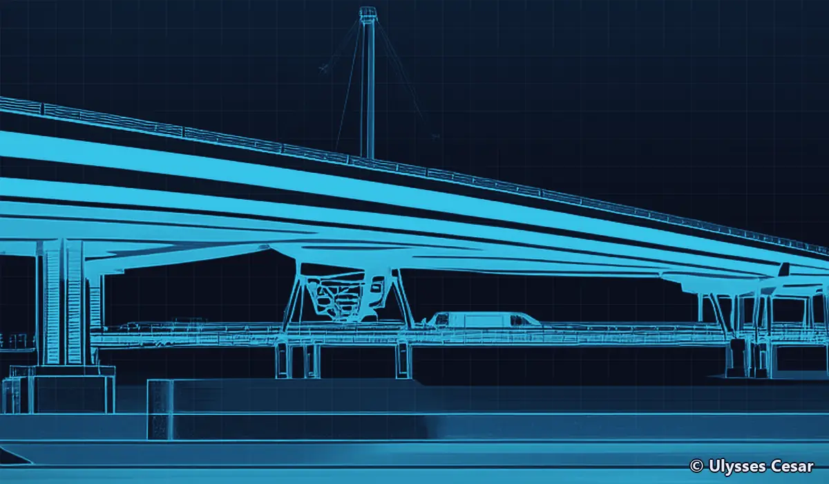 Desenho em linhas ciano sobre fundo azul-marinho: viaduto de concreto visto de lado, com pilares, tabuleiro e uma torre de cabos ao fundo.